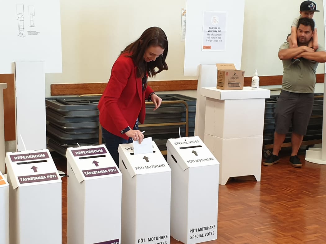 Jacinda Ardern casting her vote in the 2020 general election at Mt Eden War Memorial Hall in Auckland.