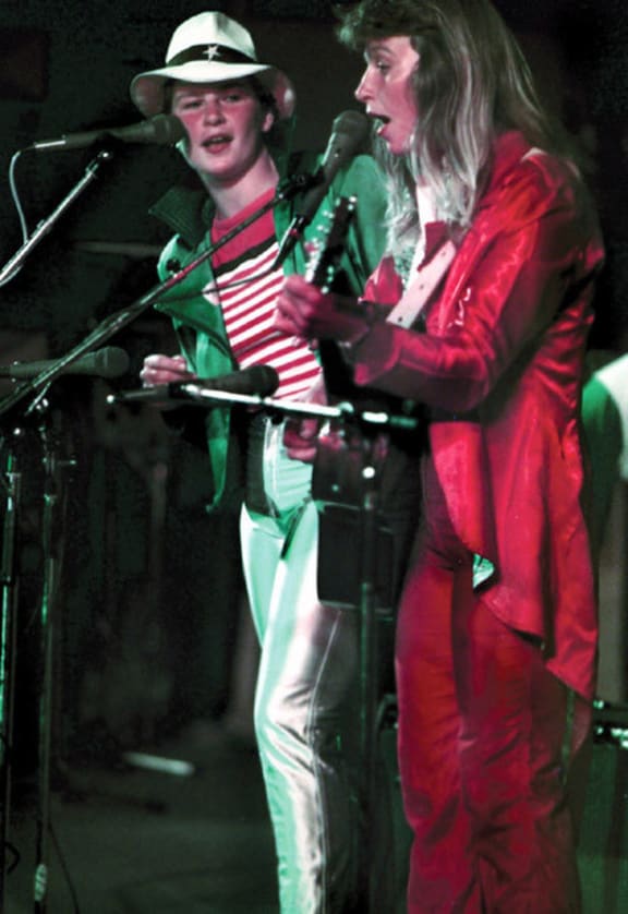 The Topp Twins on the Redhat stage at Nambassa, 1981