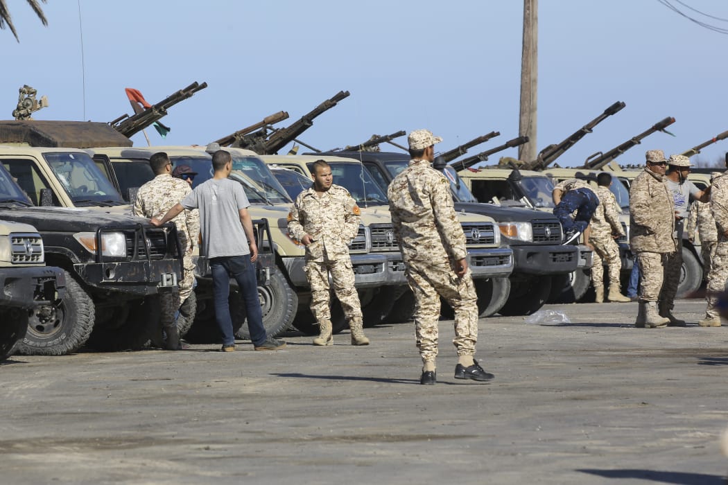 Forces loyal to Libya's UN-backed unity government arrive in Tajura, a coastal suburb of the Libyan capital Tripoli, on 6 April, 2019.