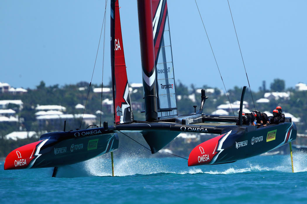 Emirates Team New Zealand helmed by Peter Burling  in race 7 on day 4 of the America's Cup Match