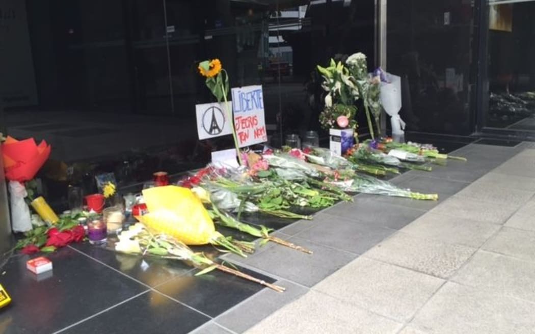 Flowers placed outside the French Embassy in Wellington in memory of those killed in the Paris attacks