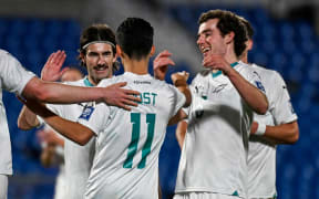 Elijah Just of New Zealand celebrates his goal with Liam Gillion of New Zealand and Joe Bell of New Zealand.
New Zealand All Whites v Samoa, FIFA World Cup 2026 Oceania Qualifier football match at Go Media Stadium, Auckland, New Zealand on Monday 18 2024. © Photo: Andrew Cornaga / Photosport