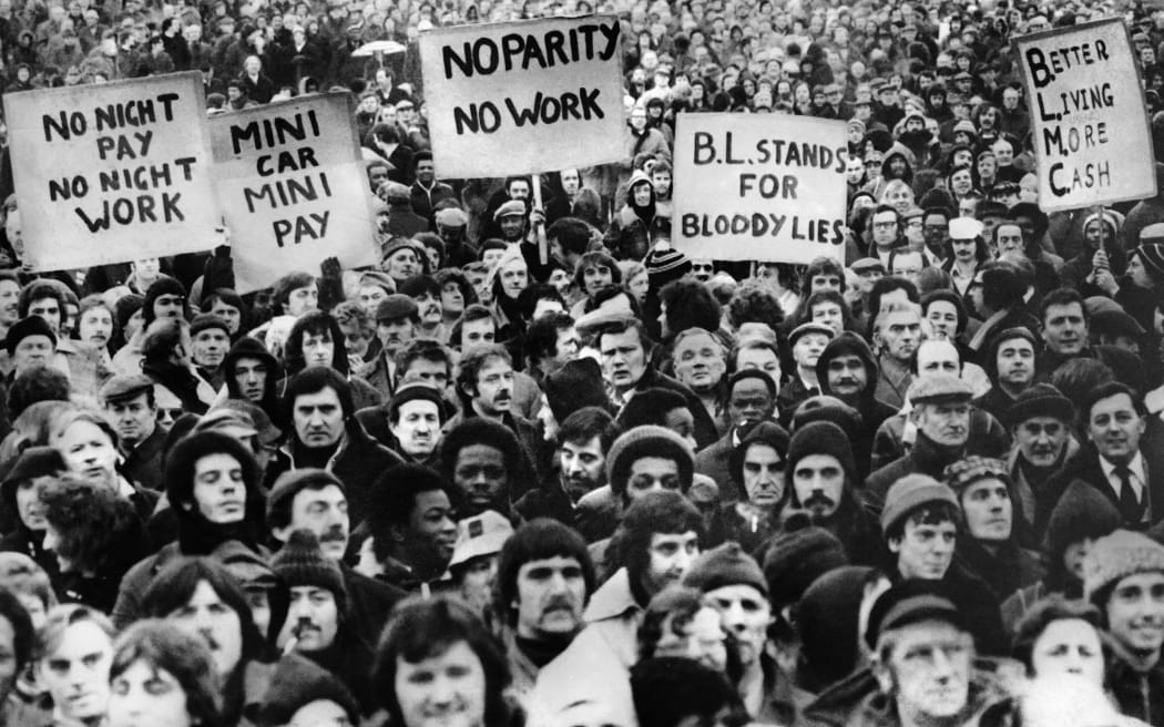 British Leyland workers from Longbridge plant demonstrate, on February 7, 1979 in Cofton park, south Birmingham, during a series of general strikes and demonstrations called the winter of discontent, in the United Kingdom. (Photo by AFP)