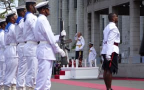 The Fijian president Ratu Epeli Nailatikau inspects the Guard of Honour before addressing parliament