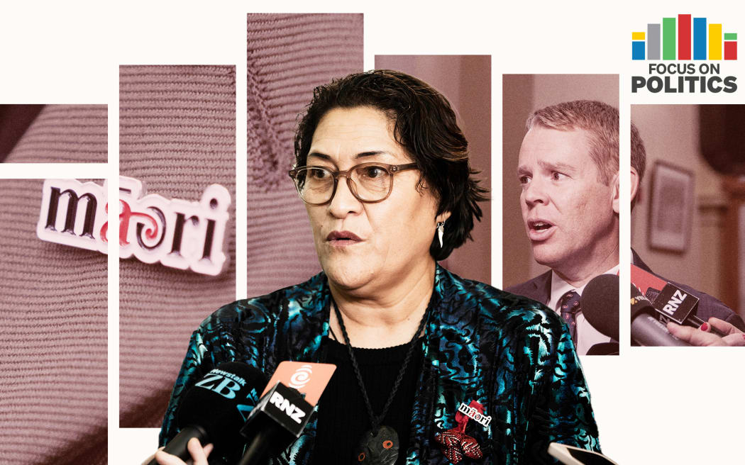 Meka Whaitiri with background of Chris Hipkins and Te Pāti Māori lapel pin