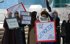 Protesters in Auckland called for bombings of civilians in Syria to stop.