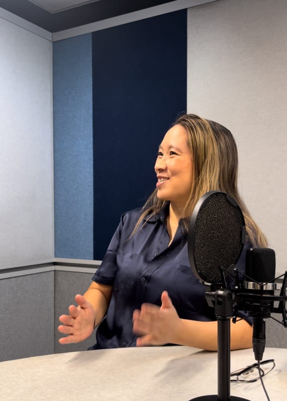 Roseanne Liang in the RNZ Auckland studios, March 2024.