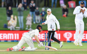 Kane Williamson of the Black Caps makes his ground to win the first cricket test against Sri Lanka, Christchurch, 2023.