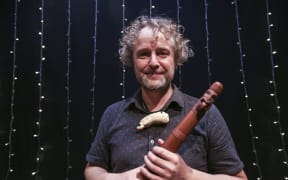09062016 Photo: RNZ/Rebekah Parsons-King. Taonga pūoro player and maker Alistair Fraser perfoms in studio.