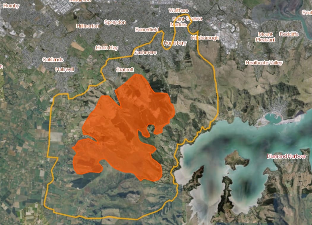 The Port Hills fire area - the yellow line boundary shows where further fire spread and smoke could pose a risks, and Civil Defence is recommending people keep out of that area..