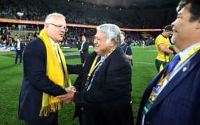 Australian PM Scott Morrison and Samoa PM Tuilaepa Sailele Malielegaoi following the Wallabies victory in Parramatta.