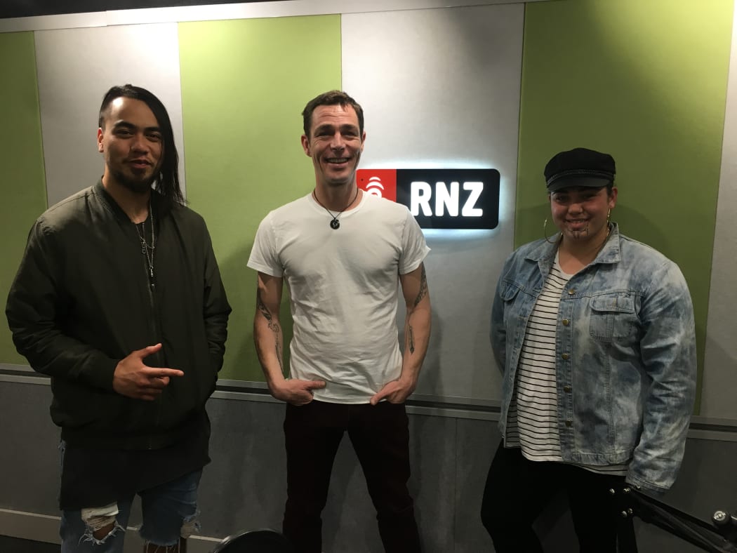 Hamiora Tuari, RNZ's Alex Behan and Makaira Berry of Te Kākano