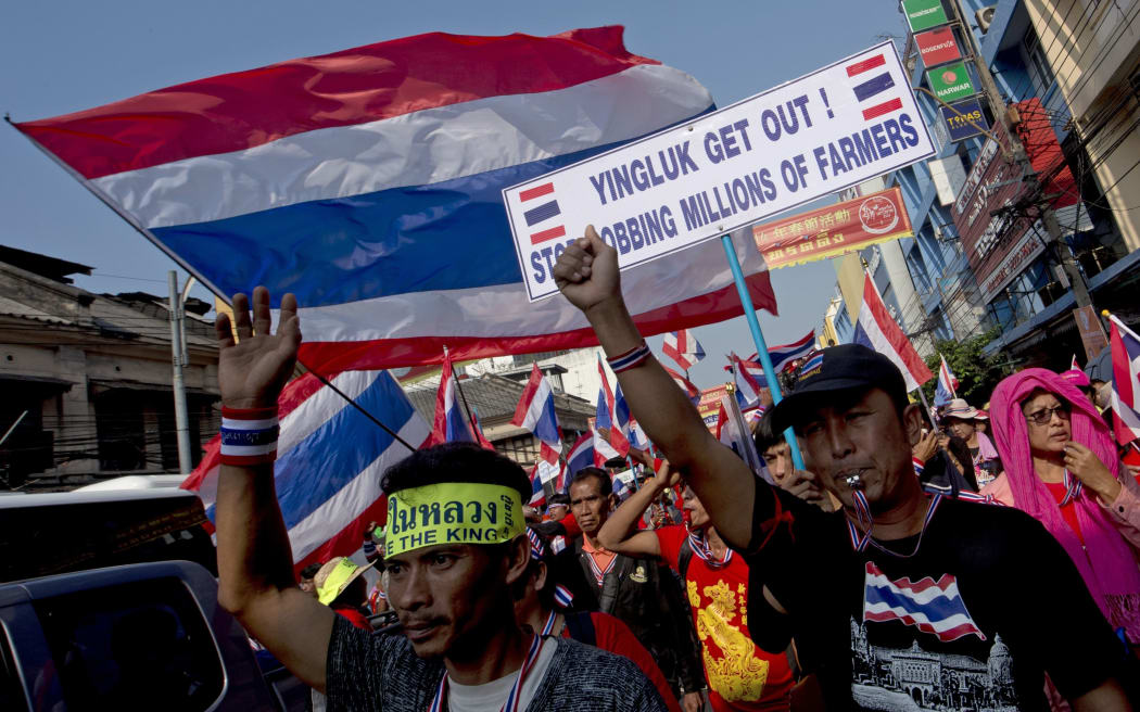 Thai anti-government protesters at a rally  in Bangkok on Saturday.