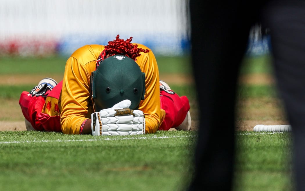 Zimbabwe's Christabel Chatonzwa dejected after being run out during the White Ferns vs Zimbabwe Women, 3rd Twenty20 International cricket match at Seddon Park, Hamilton.
