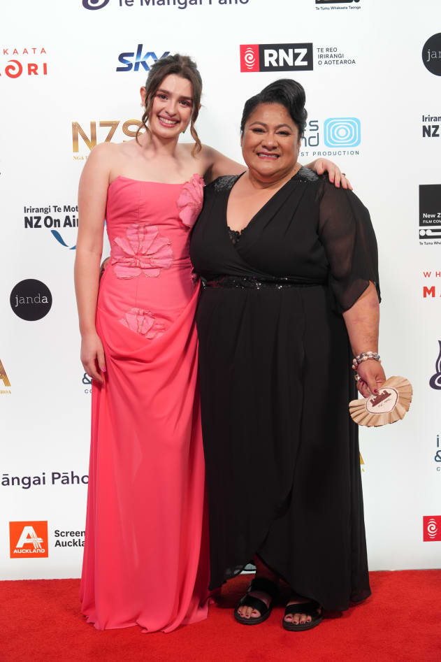 Tinā actresses Antonia Eaton and Anapela Polata'ivao arrive at the New Zealand Screen Awards at Auckland's Viaduct Centre on 21 November, 2025.