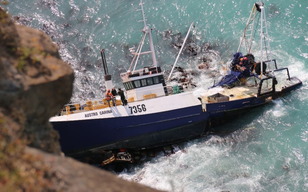 The wreck of the Austro Carina fishing boat at Red Bluff near Shell Bay on the Banks Peninsula.