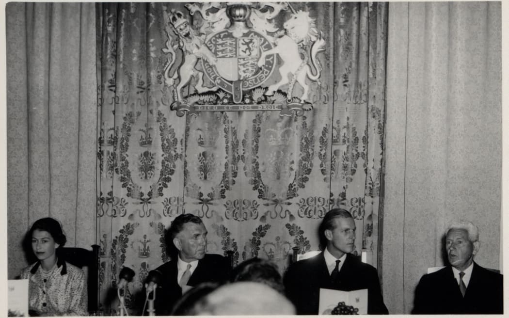 The Queen, Prime Minister Sid Holland, The Duke of Edinburgh and Sir Eruera Tirakatene during her visit to New Zealand 
 in 1954