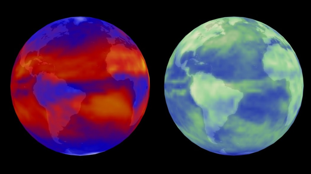Terra/CERES views the world in outgoing longwave radiation (left) and reflected solar radiation (right).