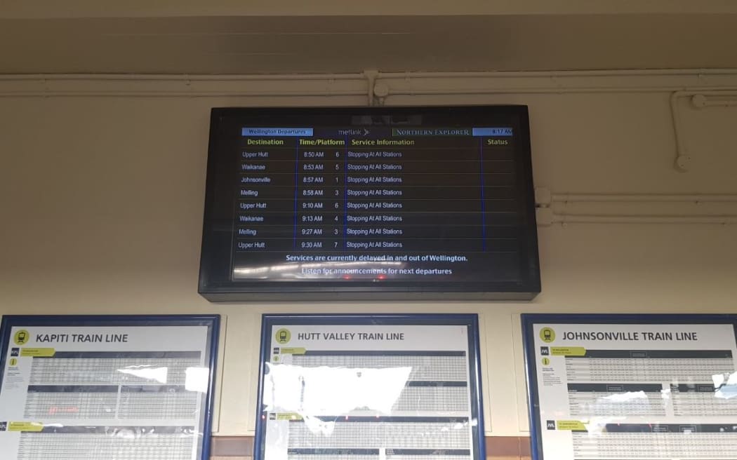 An electronic sign warns of delays after the power fault suspended some trains this morning.