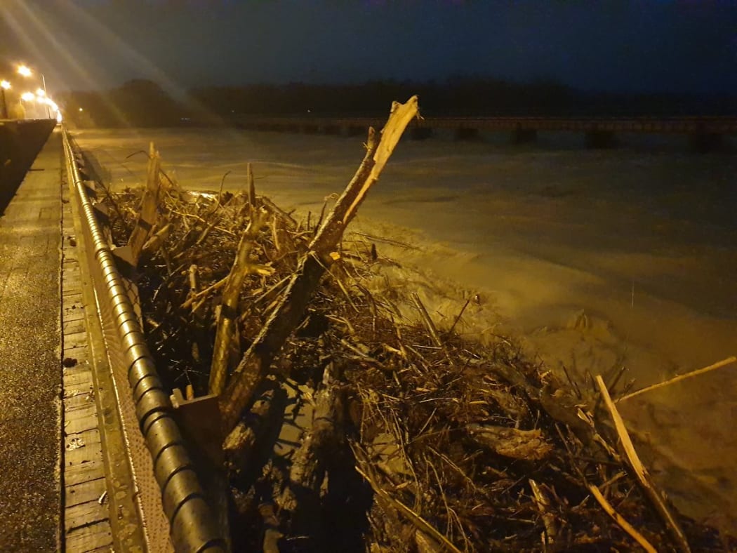 Debris banked up on Ashburton River Bridge