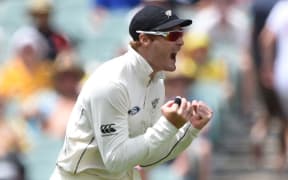 Martin Guptill celebrates taking a catch to dismiss Adam Voges, Adelaide, 2015.