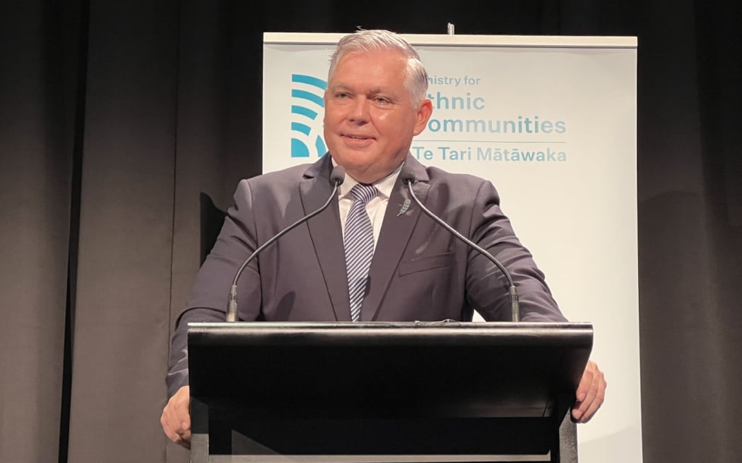 Ethnic Communities' minister Mark Mitchell at a meetup with ethnic leaders at the Due Drop Events Centre in Manukau, April 5, 2025.