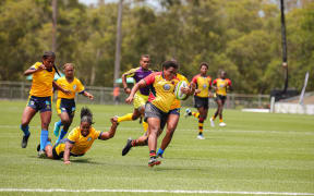 Papua New Guinea Women's 7s team in action against Solomon Islands at the 2023 Oceania Rugby Sevens Championship. November 2023