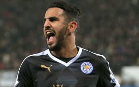 Riyad Mahrez of Leicester City celebrates after scoring.