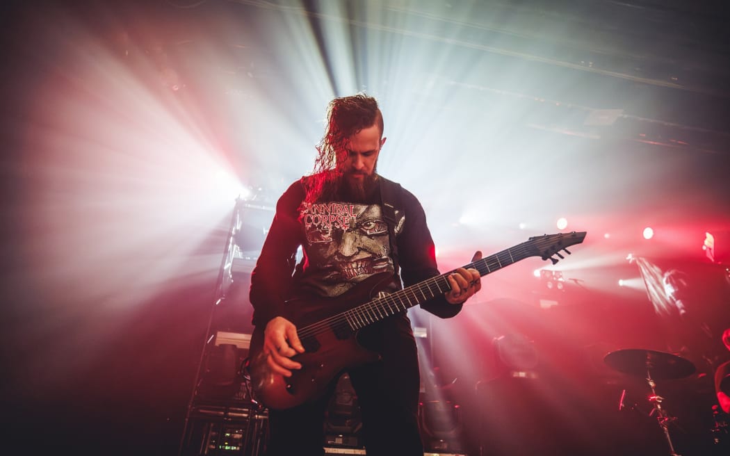 Zach Householder of Whitechapel performs at La Riviera on 18 October, 2023 in Madrid, Spain.