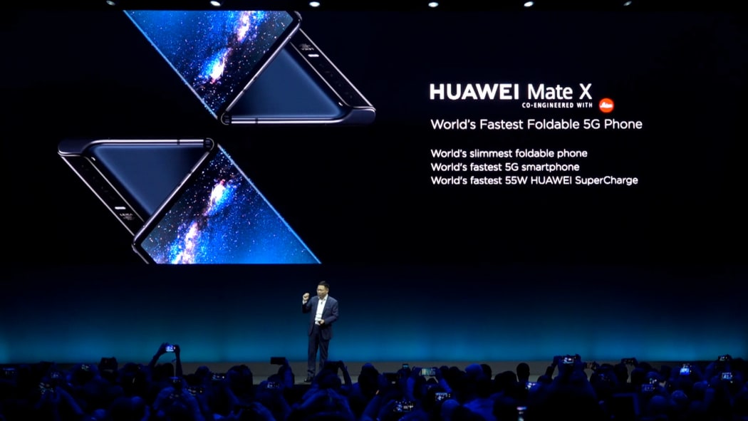Richard Yu Chengdong, CEO of Huawei, introduces the first 5G foldable smartphone Huawei Mate X at the launch event during the Mobile World Congress 2019.