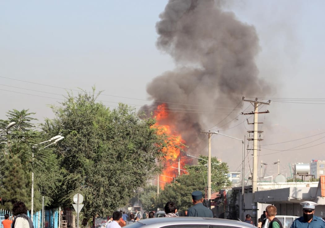 KABUL, AFGHANISTAN - SEPTEMBER 09: Flame and smoke rise following a bomb attack targeting Afghan Vice President Amrullah Saleh's convoy in Kabul, Afghanistan on September 09, 2020.