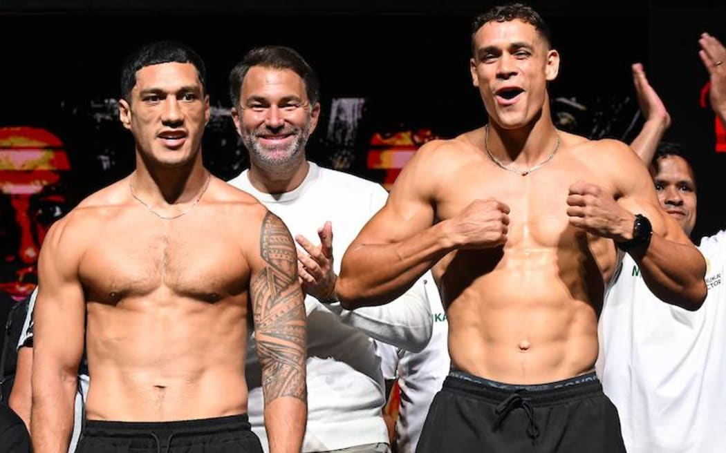Jai Opetaia of Australia (left) and David Nyika of New Zealand are seen following their official weigh-in for the World Cruiserweight title fight at the Gold Coast Convention & Exhibition Centre in Gold Coast, Tuesday, January 7, 2025. (AAP Image/Dave Hunt/www.photosport.nz)