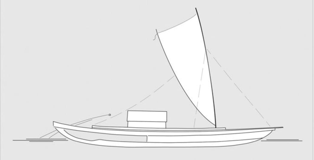 An impression of how the Anaweka double-hulled voyaging waka may have looked; the shaded area is the recovered section. By G. Irwin.