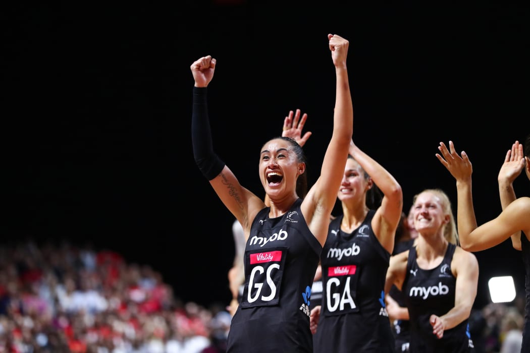 Maria Folau and teammates react after winning the Netball World Cup with a 52-51 victory over Australia in the final.