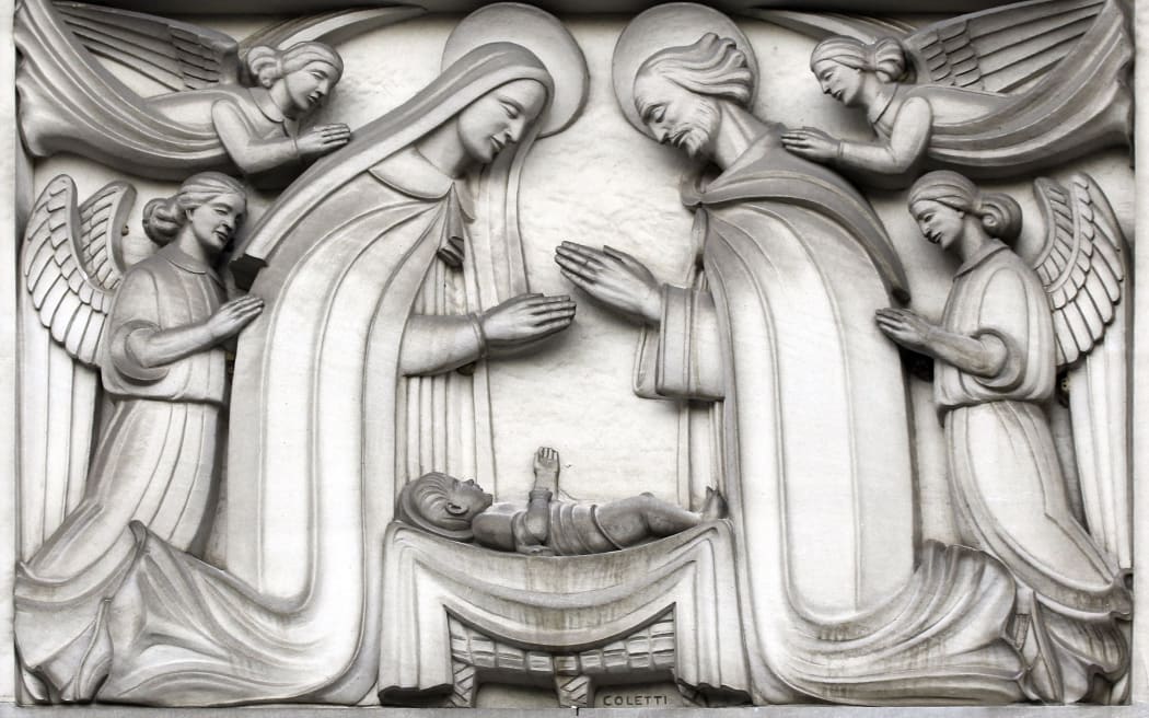 Bas-relief in Baltimore Cathedral showing nativity scene