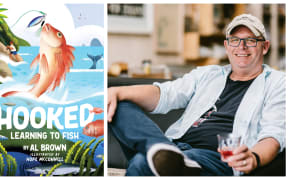 Illustrated sover of fishing book "Hooked" with graphic of fish jumping out of the water alongside author Al Brown sitting with ankle over knee in cap holding a glass