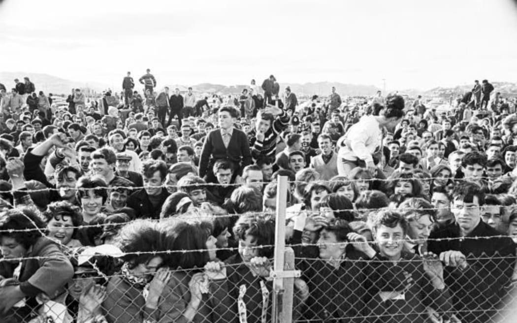 Crowd at Wellington Airport awaiting the arrival of The Beatles