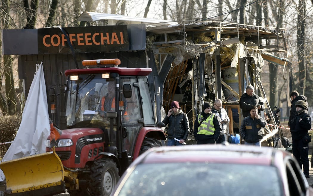 A kiosk is destroyed as a result of a Russian missile strike on the Shevchenkivskyi district in Kyiv, Ukraine, on March 21, 2024. NO USE RUSSIA. NO USE BELARUS. (Photo by Ukrinform/NurPhoto) (Photo by Ruslan Kaniuka / NurPhoto / NurPhoto via AFP)