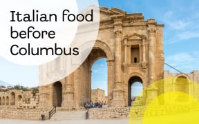 The words "Italian food before Columbus" is superimposed over abstract shapes resembling plates and textured background.