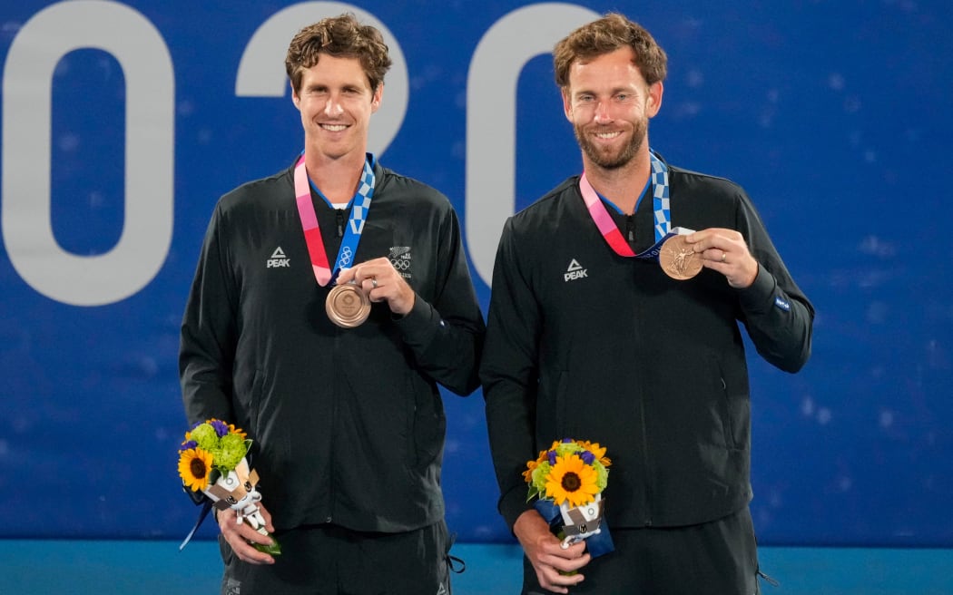 New Zealand's Michael Venus and Marcus Daniell with their Olympic bronze medals at Ariake Tennis Park, Tokyo 2020 Olympic Games. Friday 30 July 2021.