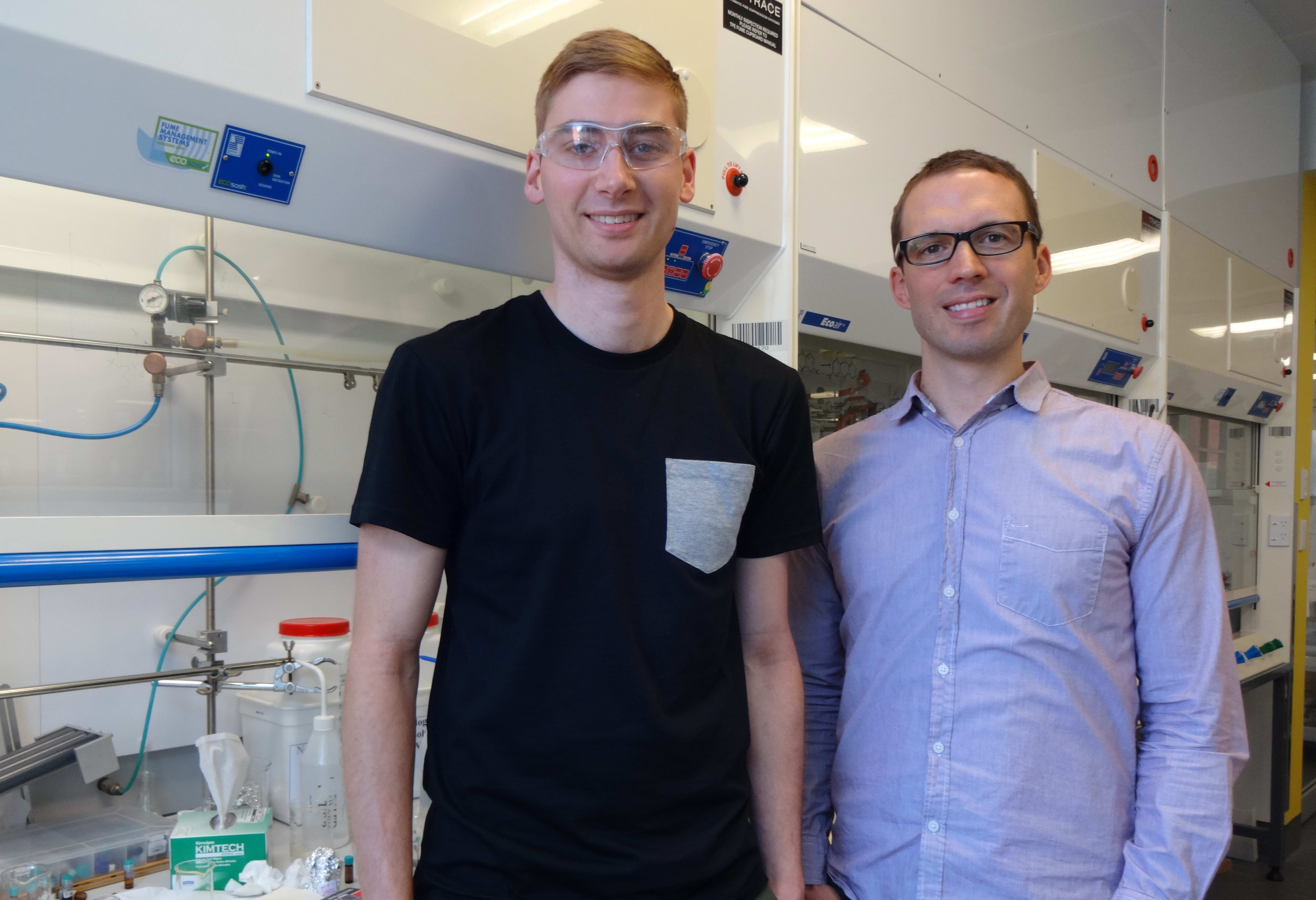 Justin Hodgkiss, on the right, leads a team at Victoria University that focuses on polymer-based solar cells. Joe Gallagher, left, is currently completing his PhD.