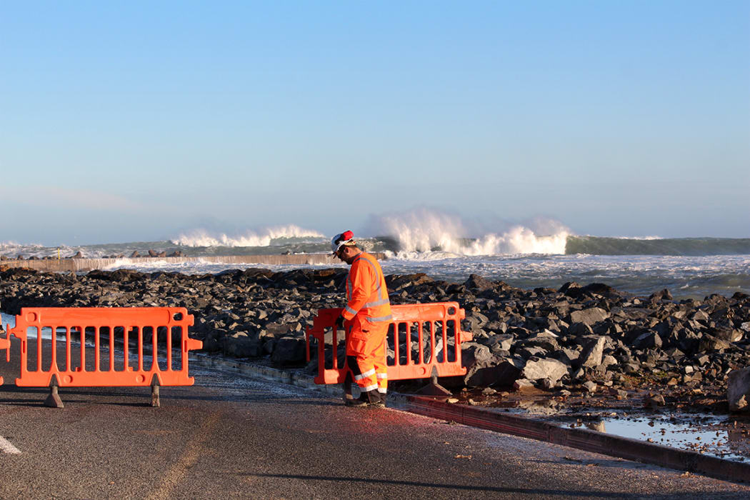 A road closed at Lyall Bay due to storm surges in June.