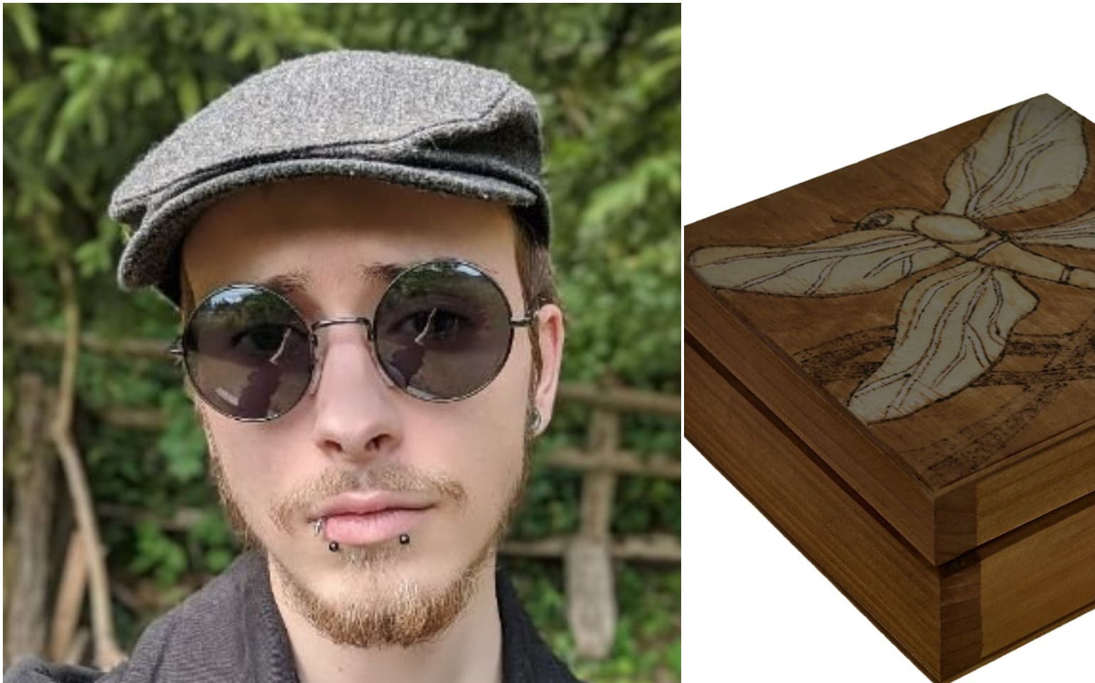 Dennis Bednarz and a sample image of the box that was stolen.