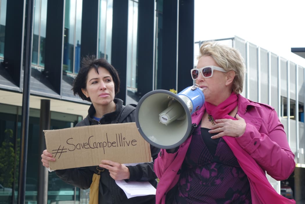 City councillor and former broadcaster Ali Jones (right) takes to the streets in Christchurch in support of Campbell Live.