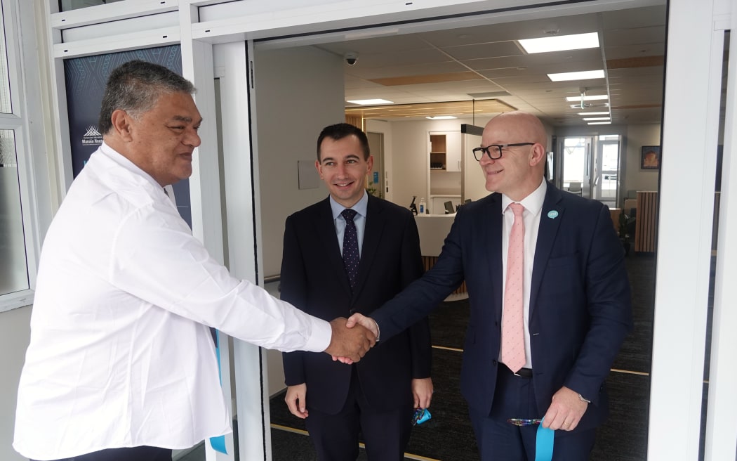 From left, tangata whaiora representative Reuben Carpenter, Health Minister Simeon Brown and Mental Health Minister Matt Doocey celebrate the opening of Manaia House.