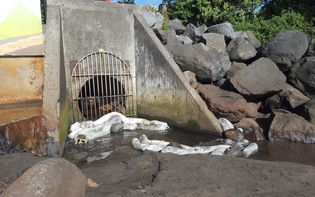 Oil spill containment booms at Hongihongi stream.