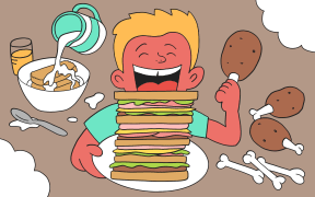 Stylised illustration of teenage boy eating tall sandwich, cereal and chicken.
