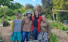 Student gardeners at Canterbury University - Volunteers at the Waiutuutu community garden at the University of Canterbury include Jess Lamb, Ariel Seux Tudor, Imo McRae and Kaitlyn Lamb.