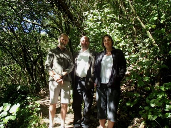 Three people standing on path in the forest
