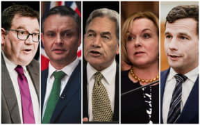 Labour's Finance Minister Grant Robertson, Green Party co-leader James Shaw, NZ First Party leader Winston Peters, National Party leader Judith Collins and  ACT Party leader David Seymour.